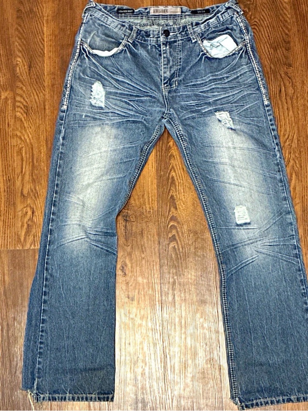 Y2K Division E Men's Distressed Blue Denim Jeans - Low Rise Boot Cut 34 x 34